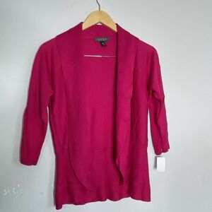 RALPH LAUREN Cardigan M 100% Cotton Lightweight Open Front Pink 3/4 Sleeve